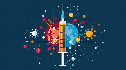 world Immunization Week, April 24-30 , vaccine syringe on colorful splash blue background, Immunization awareness month card banner portrait 