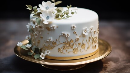 Fototapeta na wymiar Single-tier white cake with delicate piped flowers and gold lettering.