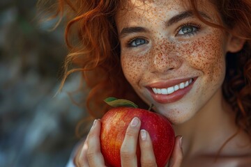 Radiant young woman with freckles smiling while holding a fresh apple - obrazy, fototapety, plakaty