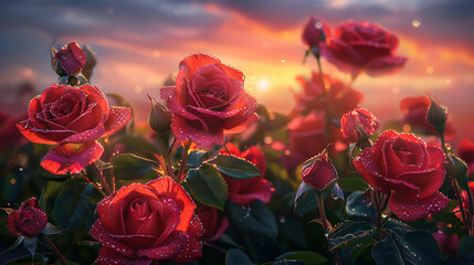 a collection of vibrant red roses adorned with delicate dew drops on their petals.