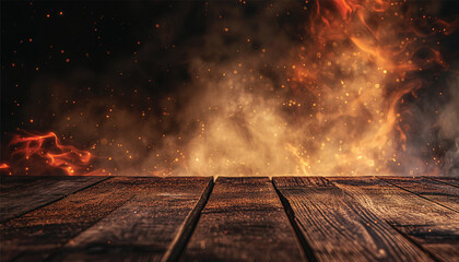 Wooden table with fire burning. wooden table with Fire burning at the edge of the table, fire particles, sparks, and smoke in the air, with fire flames on a dark background to display products - obrazy, fototapety, plakaty