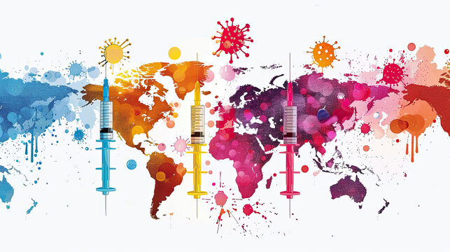 world Immunization Week, April 24-30 , vaccine syringe on colorful splash white background, Immunization awareness month card banner portrait 