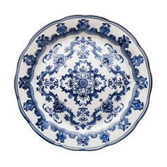 A blue and white plate with a floral design
