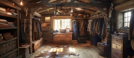 Rustic Log Cabin Dressing Room A Cozy Haven in the Mountains - obrazy, fototapety, plakaty