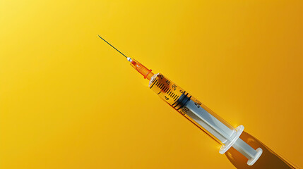 world Immunization Week, April 24-30 , a vaccine in syringe on yellow background,  Immunization awareness month card banner portrait 