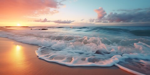 Beautiful sunset on the beach. Panoramic view of the ocean.