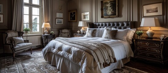 Fototapeta na wymiar FiveStar Haven A Luxurious Hotel Bedroom Echoing Elegance and Comfort