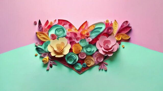 illustration, abstract colorful paper flowers, quilling craft, handmade festive decoration, vivid floral heart, background, mint pink yellow created with generative ai.
