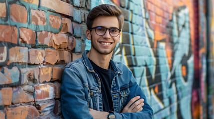 Portrait of Smiling Young Man with Beard Wearing Eyeglasses and Leaning Against Brick Wall Painted with Graffiti