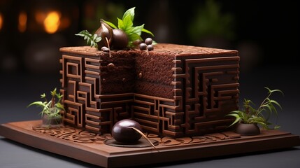 Textured cake with a geometric pattern created by a single color of chocolate piped in different...
