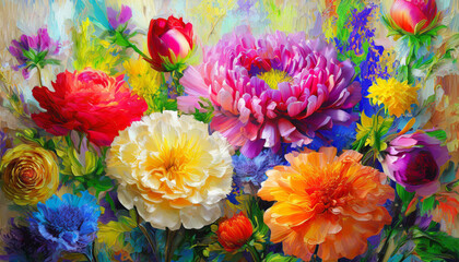 Digital art impasto style oil painting of various different colored flowers. Representing...