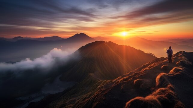 Man standing on a ledge of a mountain, enjoying the beautiful sunset