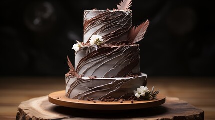 Tiered cake decorated with hand-dipped chocolate shards and a single, elegant sugar feather.