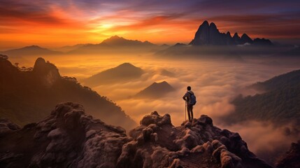 Man standing on a ledge of a mountain, enjoying the beautiful sunset - obrazy, fototapety, plakaty