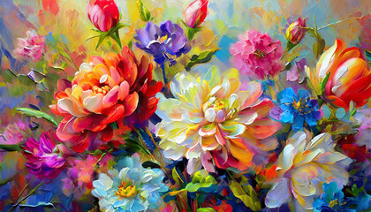 Beautiful impasto style oil painting of various different colored flowers