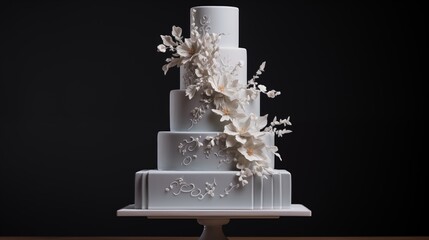 Tiered cake with a single word piped in a modern, bold font on each tier.