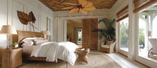 Beachfront Resort Retreat Tropical Bedroom Escape with Rattan Furniture and Palm Leaf Ceiling Fans - obrazy, fototapety, plakaty