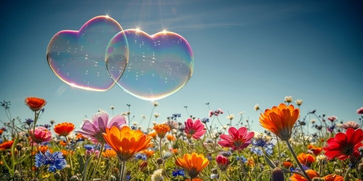 Double Heart Bubbles Floating Over a Colorful Wildflower Field Under a Clear Sky, a Vision of Romantic Serenity