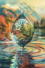 An elegant globe made of water with a rainbow. World Water Day and Earth.