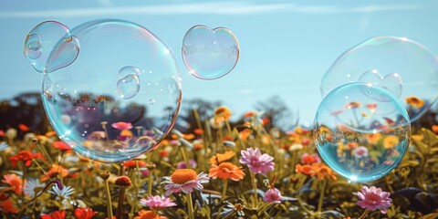 Giant Soap Bubbles Floating Over a Field of Orange Wildflowers, Capturing a Moment of Whimsical Summer Joy