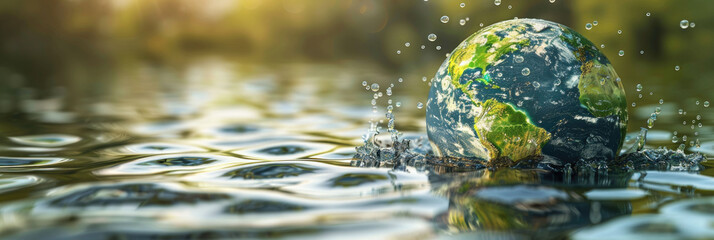 An elegant globe made of water with a rainbow. World Water Day and Earth. banner