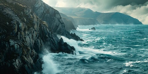 A rugged coastline texture, with jagged cliffs and crashing waves, evoking the perilous journey to find the legendaries created with Generative AI Technology - obrazy, fototapety, plakaty