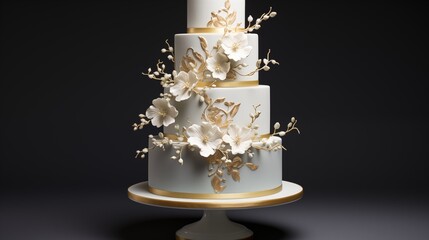 Tiered cake with hand-painted gold calligraphy and delicate sugar flowers.