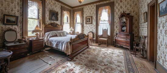 Victorian Elegance Unveiled Intricate Bedroom Design in a Historic Mansion - obrazy, fototapety, plakaty
