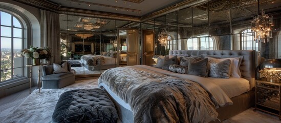 Luxurious Hollywood Penthouse Glamorous Bedroom Adorned with Mirrored Walls and Velvet Upholstery - obrazy, fototapety, plakaty