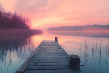 A serene sunset over a peaceful lake, with soft pastel colors and a sense of calmness, creating a soothing and contemplative mood