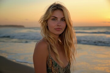 Beautiful 25 year old blonde woman at the beach, around sunset.