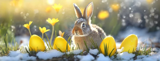 Gordijnen A rabbit sits among yellow eggs and flowers on a snowy spring morning. The animal is nestled in a bright, chilly landscape as sunlight filters through. © Igor Tichonow