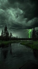 Fototapeta na wymiar Surreal Stormy Atmosphere over a Forested River Bend with Vivid Lightning Strike, Embodying the Wildness of Nature