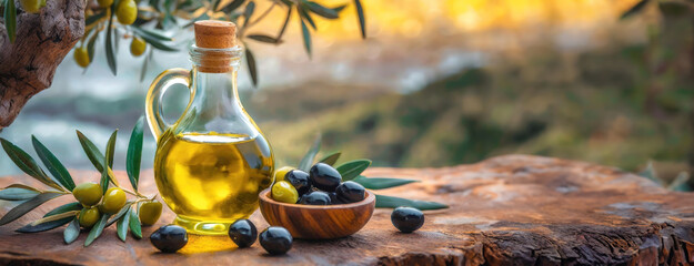 Twilight Over a Rustic Olive Display. Black olives and a transparent oil vessel against a golden...