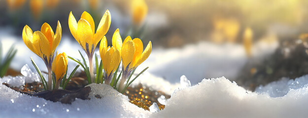 Golden crocuses emerge through snow, signaling the start of spring. These blossoms pierce the...