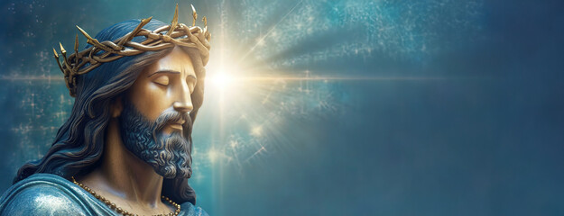 A serene representation of Jesus Christ crowned with thorns. Peaceful face of the Son of God with a halo of light. Celestial background. Symbol a religious icon. Panorama with copy space.