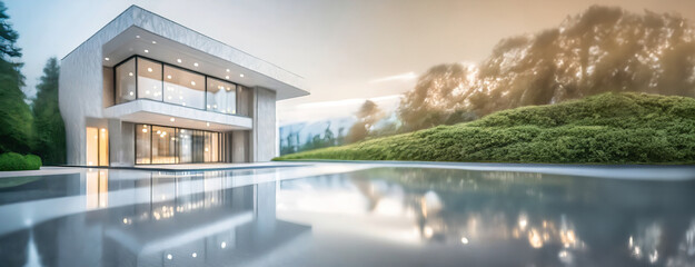 A modern architectural marvel reflects on the water at dusk. Sleek lines of a contemporary structure mirrored in pool, with a backdrop of dusky skies and lush greenery. Panorama with copy space.