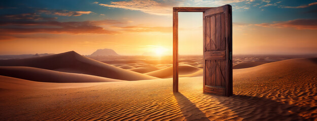 An open doorway stands alone in the vastness of a desert at sunrise. A surreal scene depicts a solitary door in sand dunes landscape. Panorama with copy space.