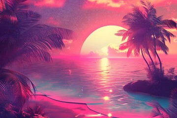 summer beach poster retrowave or synthwave neon colors, retro style