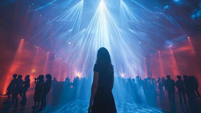 Back view of woman standing in front of illuminated stage lights