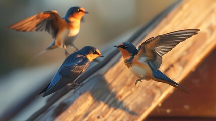 The barn swallows (Hirundo rustica) on a roof
