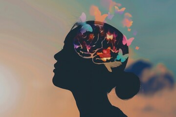 mental health awareness, Profile filled with vibrant abstract art, ideal for creative thinking and emotional health.