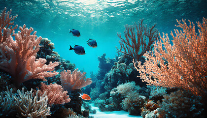 underwater landscape with fish and corals