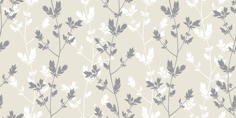 Spring branches seamless vector pattern. Small leaves prune, delicate nude girly floral ornament - obrazy, fototapety, plakaty