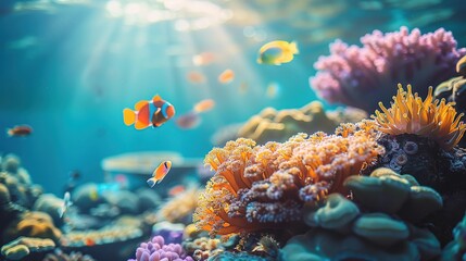 Beautiful coral reef with fish on clear turquoise water. Aquatic ecosystem background. - obrazy, fototapety, plakaty