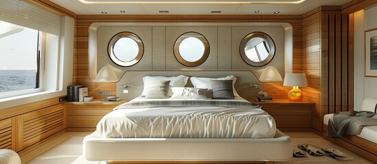Chic and Cozy Bedroom in Luxury Yacht with Teak Wood Accents and Porthole Windows
