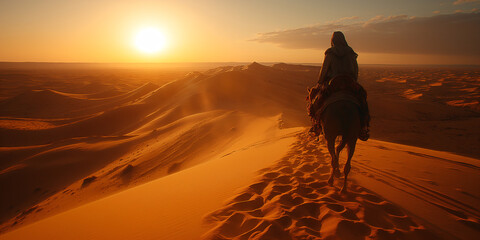 A traveler rides through the desert on a horse at sunset