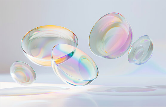 A set of floating transparent plastic lenses with iridescent colors on a white background, rendered in the style of Cinema4D, minimalist still life photography, ethereal glow, high speed sync, hologra