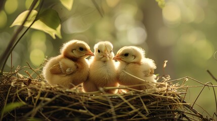 three little newborn chickens in a nest
