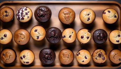 Obraz premium View ro above of a variety of muffins on a wooden plate, chocolate chips, chocolate, cocoa, vanilla, nuts ones